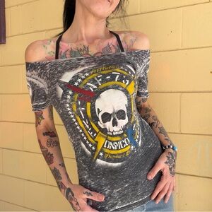 Affliction Reworked Off The Shoulder Grungy Graphic Tee Size Small